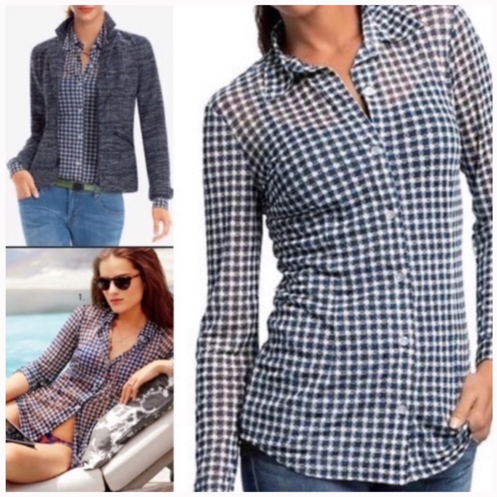 Cabi Sheer stretch plaid blouse